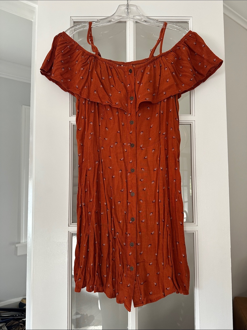 Rust Off-the-Shoulder Button-Front Dress